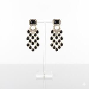 Black Glass Rhinestone Chandelier Earrings Gold Tone Stud Statement 3”